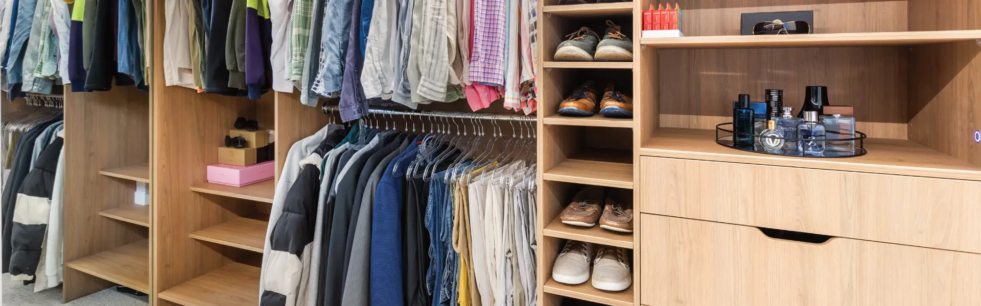 Wood effect laminate walk in wardrobe